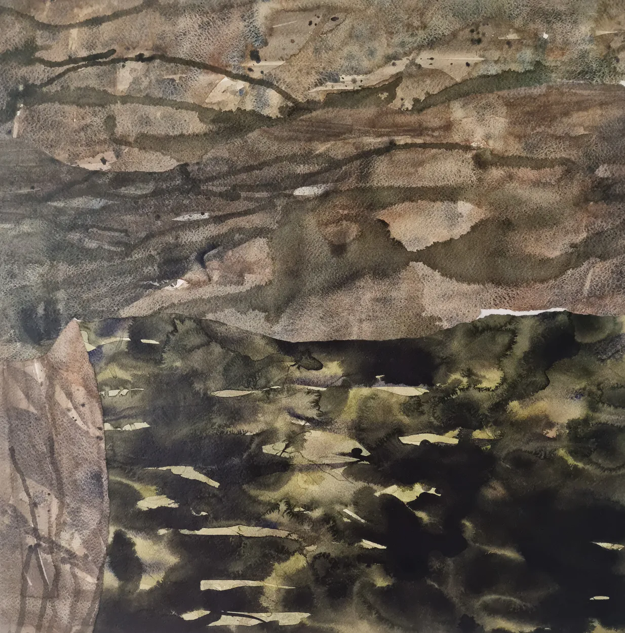 'Piako River, the emptying waters' watercolour on paper, collage on panel, wax medium finish 600 x 600mm plus pine box frame