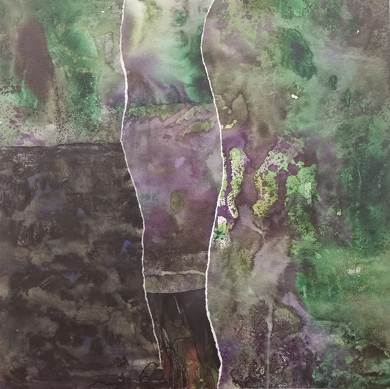 'And I can hear the moan' 2022 water colour on paper, collage on board. finished with wax medium 600 x 600mm plus pine box frame