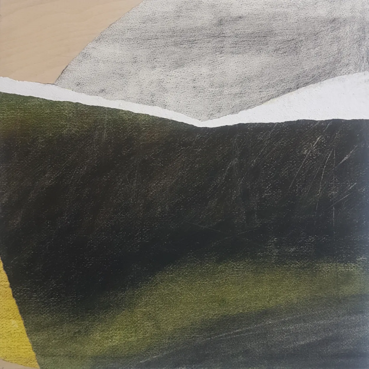 'Hesitant light' watercolour, charcoal, pastel on paper; collage on panel 400x400mm