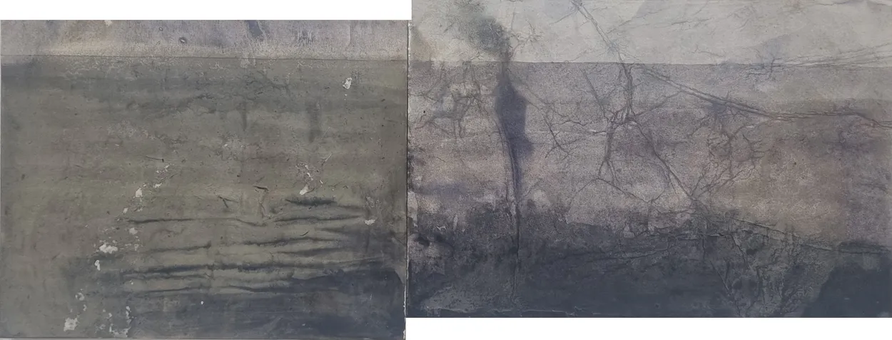 'The Great Swamp being reclaimed by the NZ Govt.' 2025 watercolour and river mud on paper, mounted on board with wax medium finish