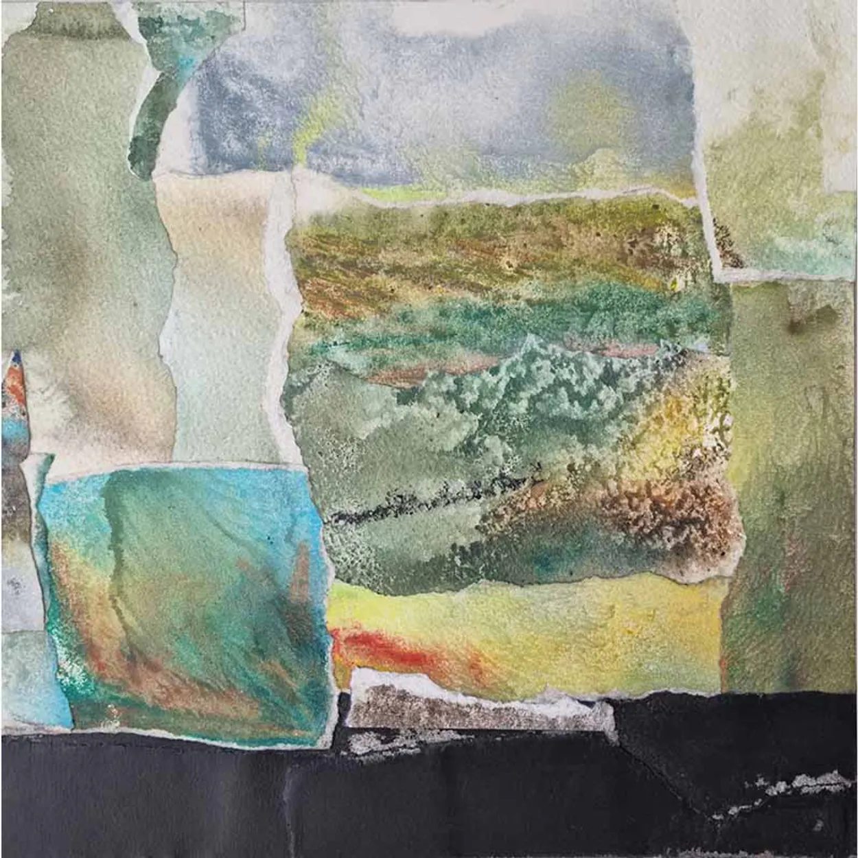 'When the land is broken' 2022 watercolour and charcoal on paper, collage on board. finished with wax medium 300 x 300mm