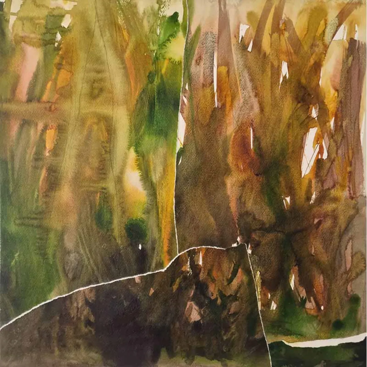 'Copse-wood and flax' water colour on paper, collage on board. finished with wax medium 600 x 600mm plus pine box frame