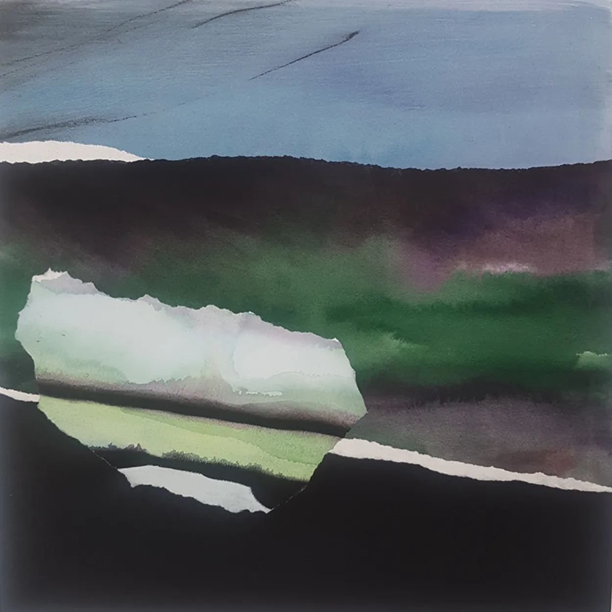 'Spring after winter' watercolour, charcoal, pastel on paper; collage on panel 400x400mm