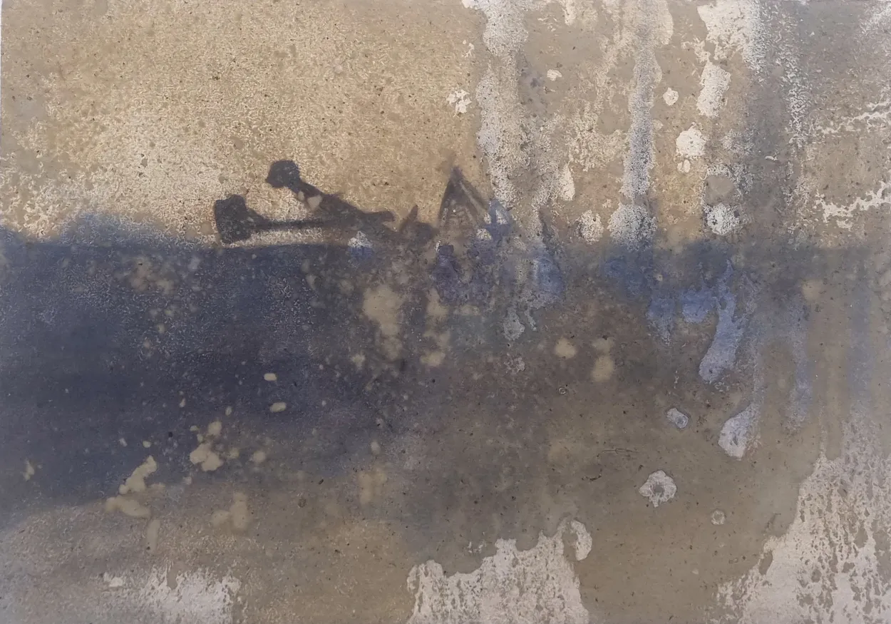 'A digger-type dredge working on the Hauraki Plains' 2025 watercolour and river mud on paper, mounted on board 410 x 290mm