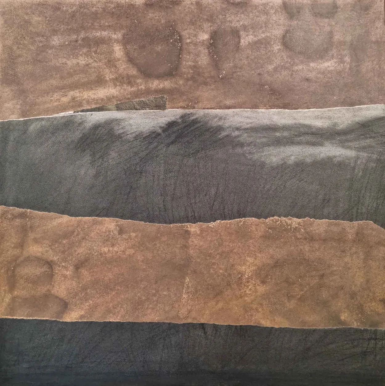 'Along the watercourse' mixed media (charcoal, water colour, pastel on paper) on board, finished with wax medium, 600 x 600mm box framed with pine