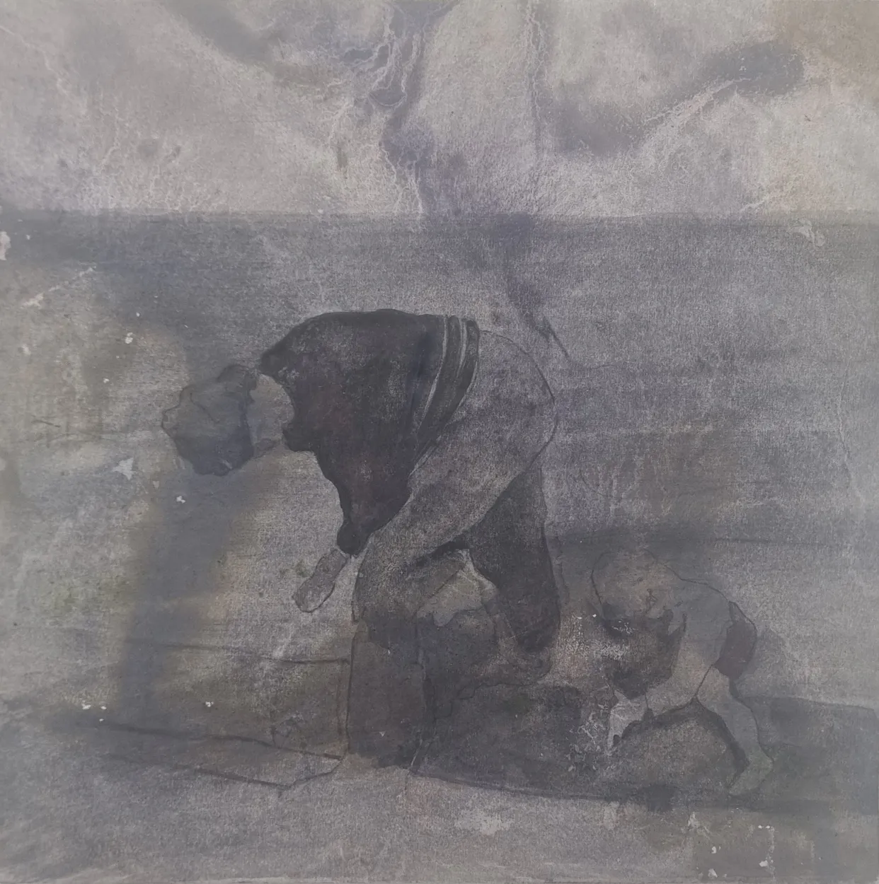 'My grandmother and my father laying a path' 2025 watercolour and river mud on paper, mounted on board, wax medium finish