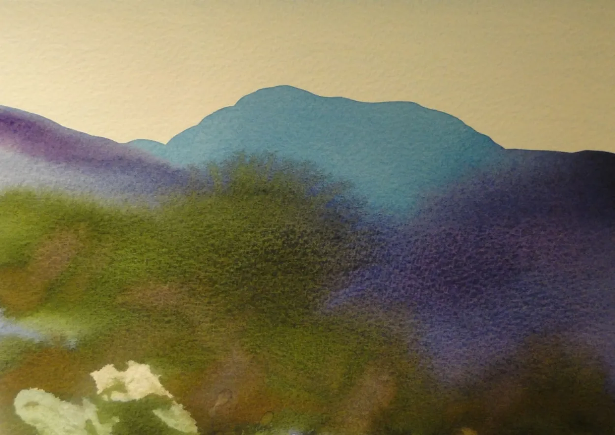 'Like a silk carpet' watercolour on paper, framed 270x150mm.