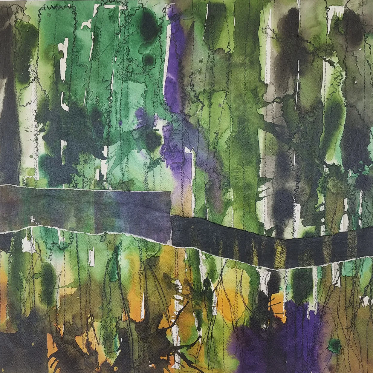 'The streightest, cleanest' 2023 water colour on paper, collage on board. finished with wax medium 600 x 600mm plus pine box frame