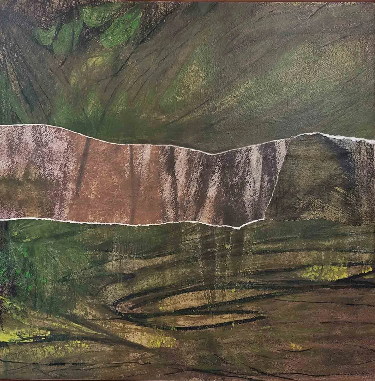 'Up to the herepath' mixed media (charcoal, water colour, pastel on paper) on board, finished with wax medium, 600 x 600mm box framed with pine