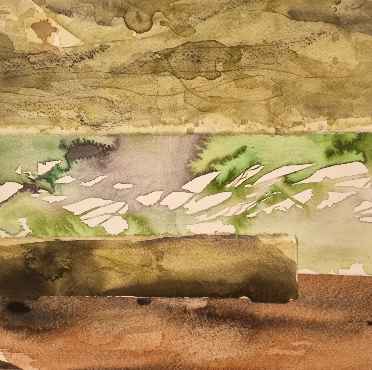 'Piako I' watercolour on paper, collage on panel, wax medium finish 300 x 300mm