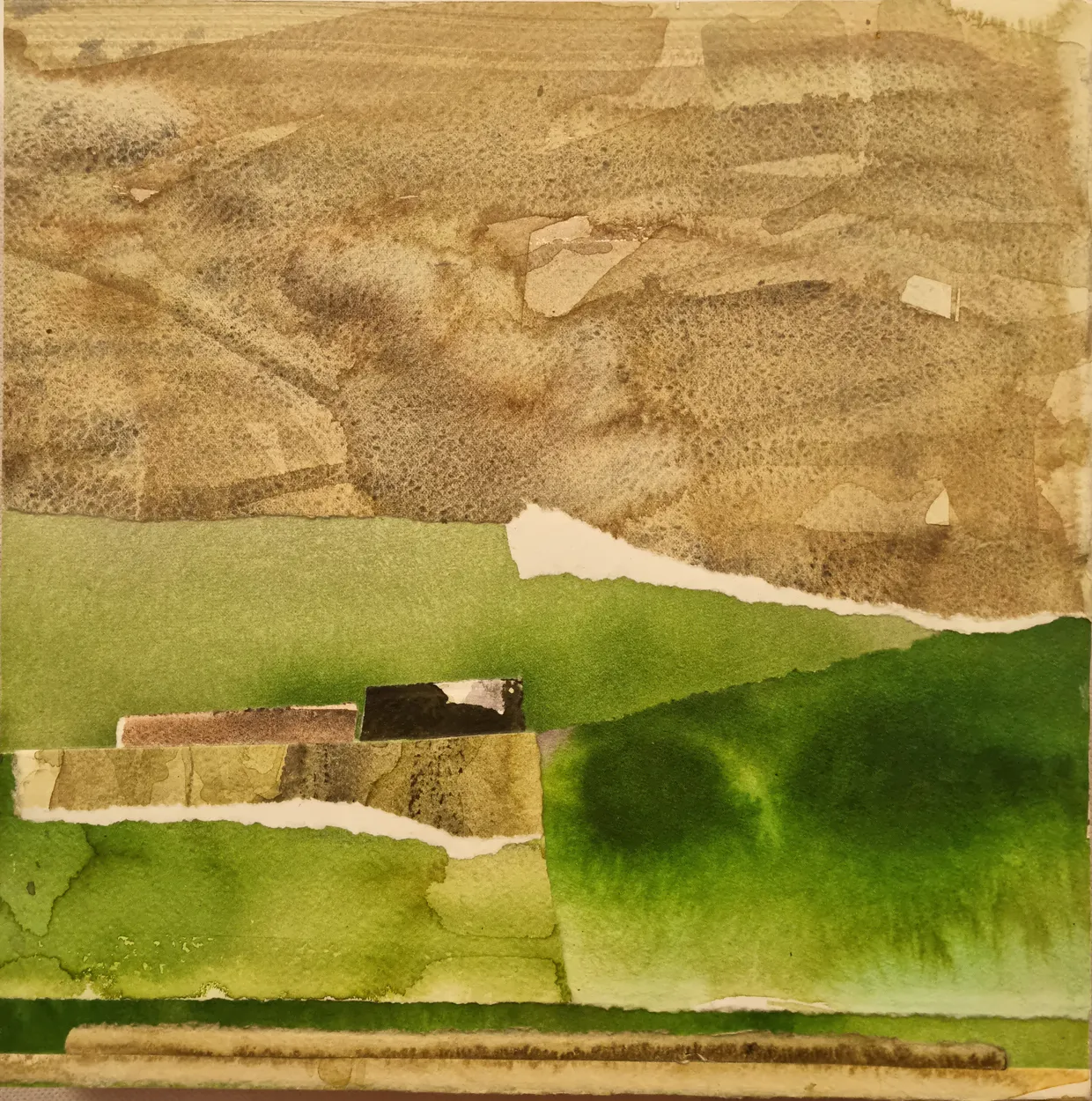 'Piako II' watercolour on paper, collage on panel, wax medium finish 300 x 300mm