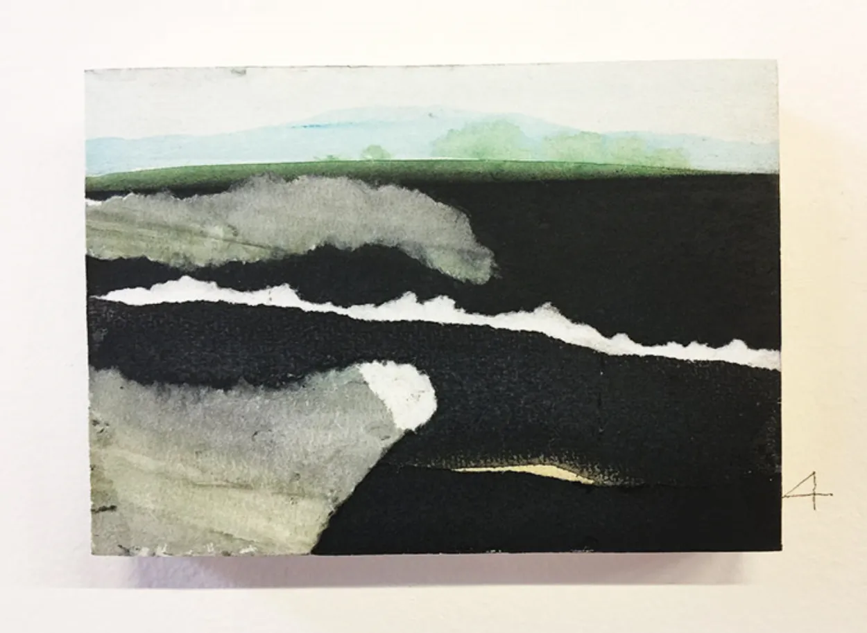 'And Stillness (Hauraki Plains)' mixed media on board 145mm x 105mm