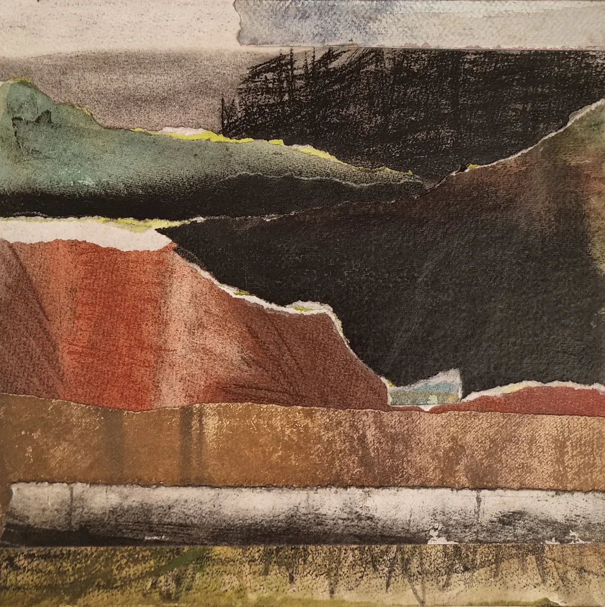 'Along the Fence' mixed media (charcoal, water colour, pastel on paper) on board, finished with wax medium, 300 x 300mm