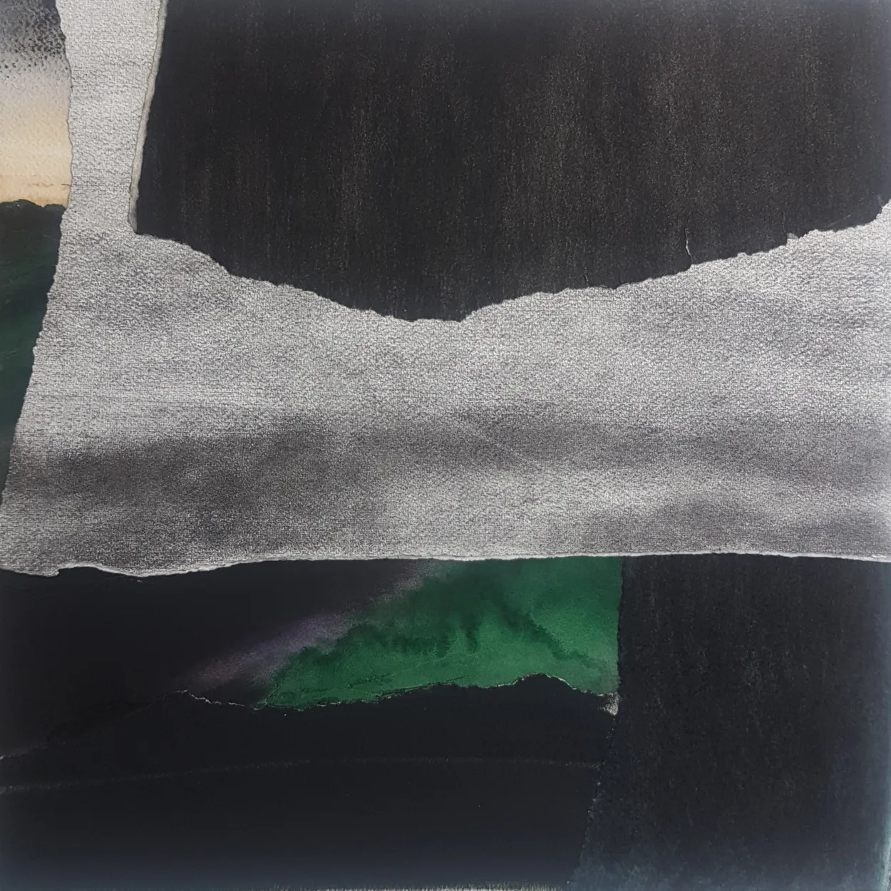 'Dawn comes after night' watercolour, charcoal, pastel on paper; collage on panel 400x400mm