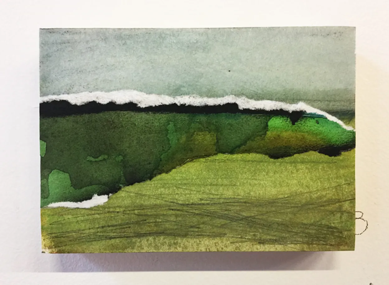 'The Shaggy Tussocks Shake' mixed media on board 145mm x 105mm SOLD