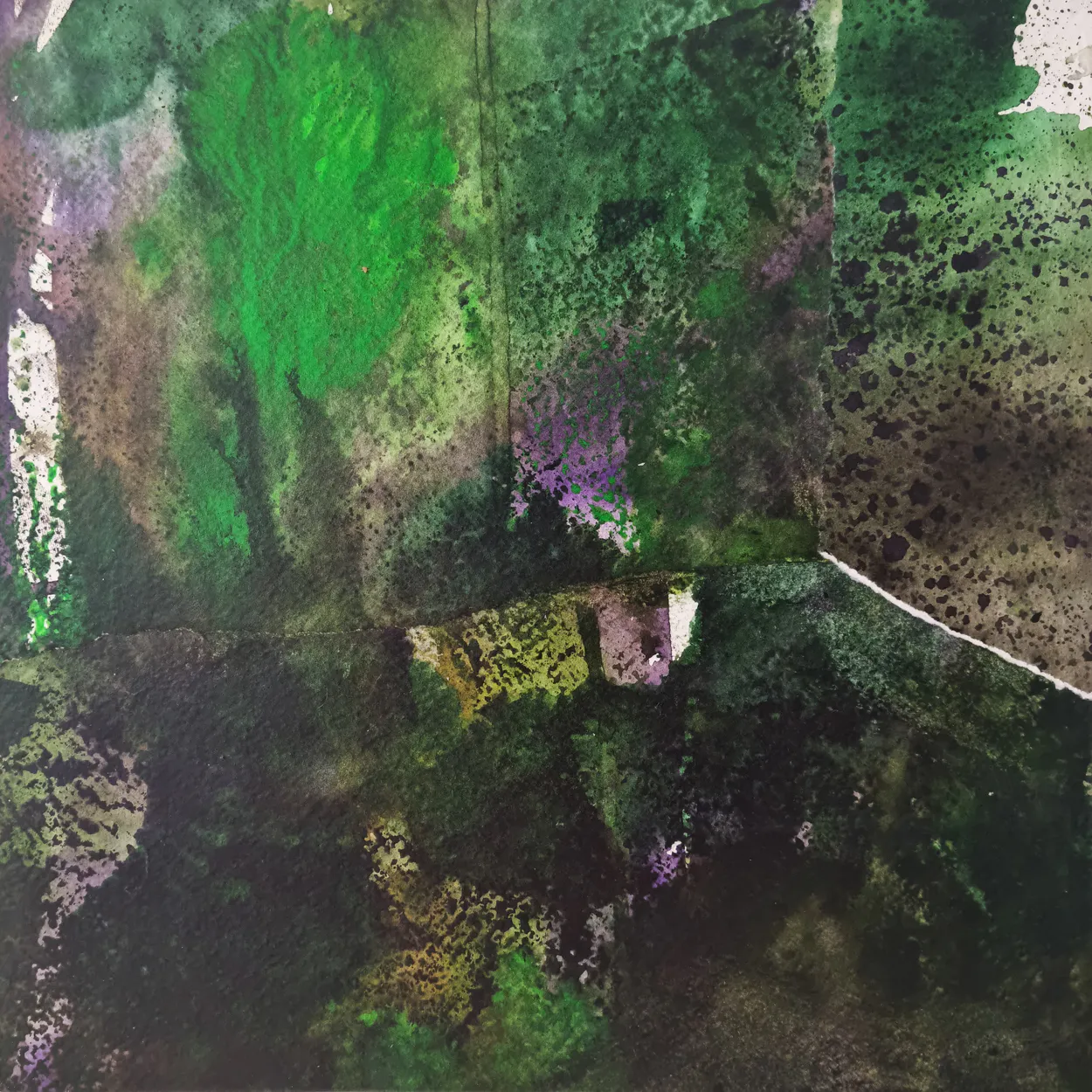 'Dense walls' 2022 water colour and charcoal on paper, collage on board. finished with wax medium 300 x 300mm