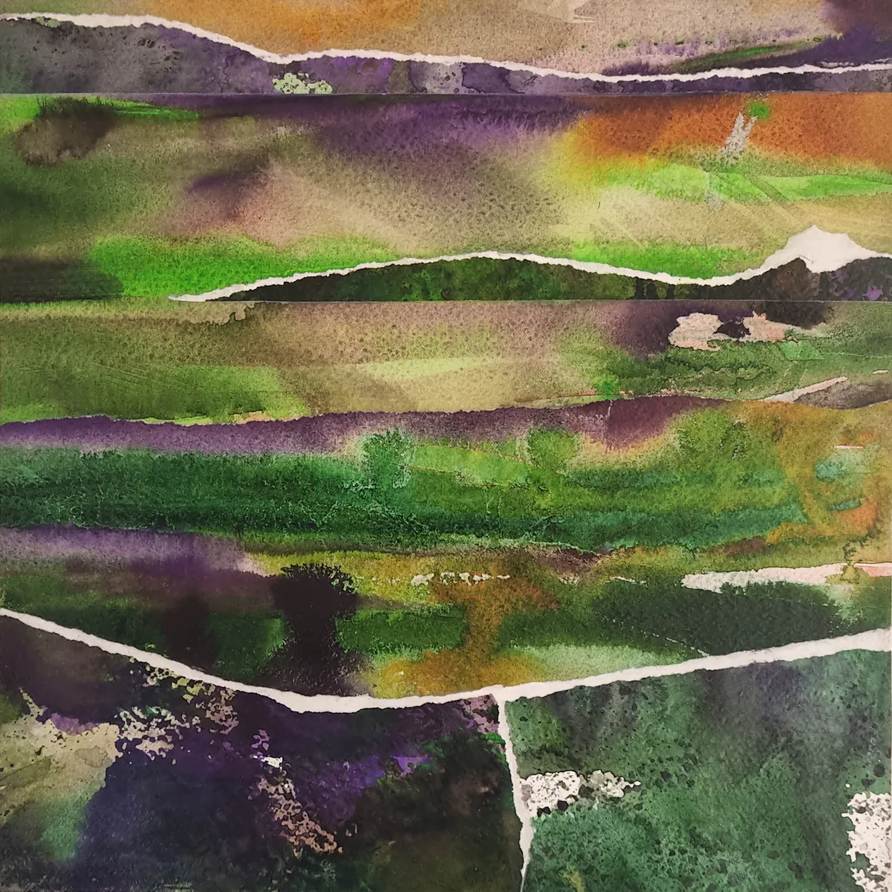 'Kaihere lookout' 2022 water colour and charcoal on paper, collage on board. finished with wax medium 300 x 300mm