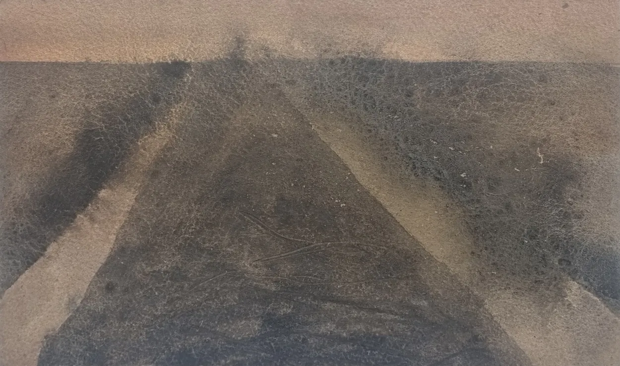 'Drainage cuts on the route of the main canal in the Piako Swamp' 2025 watercolour and river mud on paper, mounted on board with wax medium finish