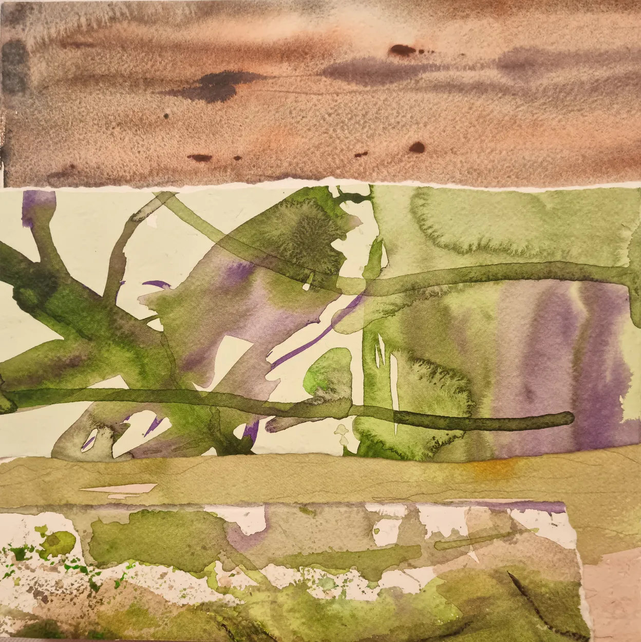 'Piako VI' watercolour on paper, collage on panel, wax medium finish 300 x 300mm