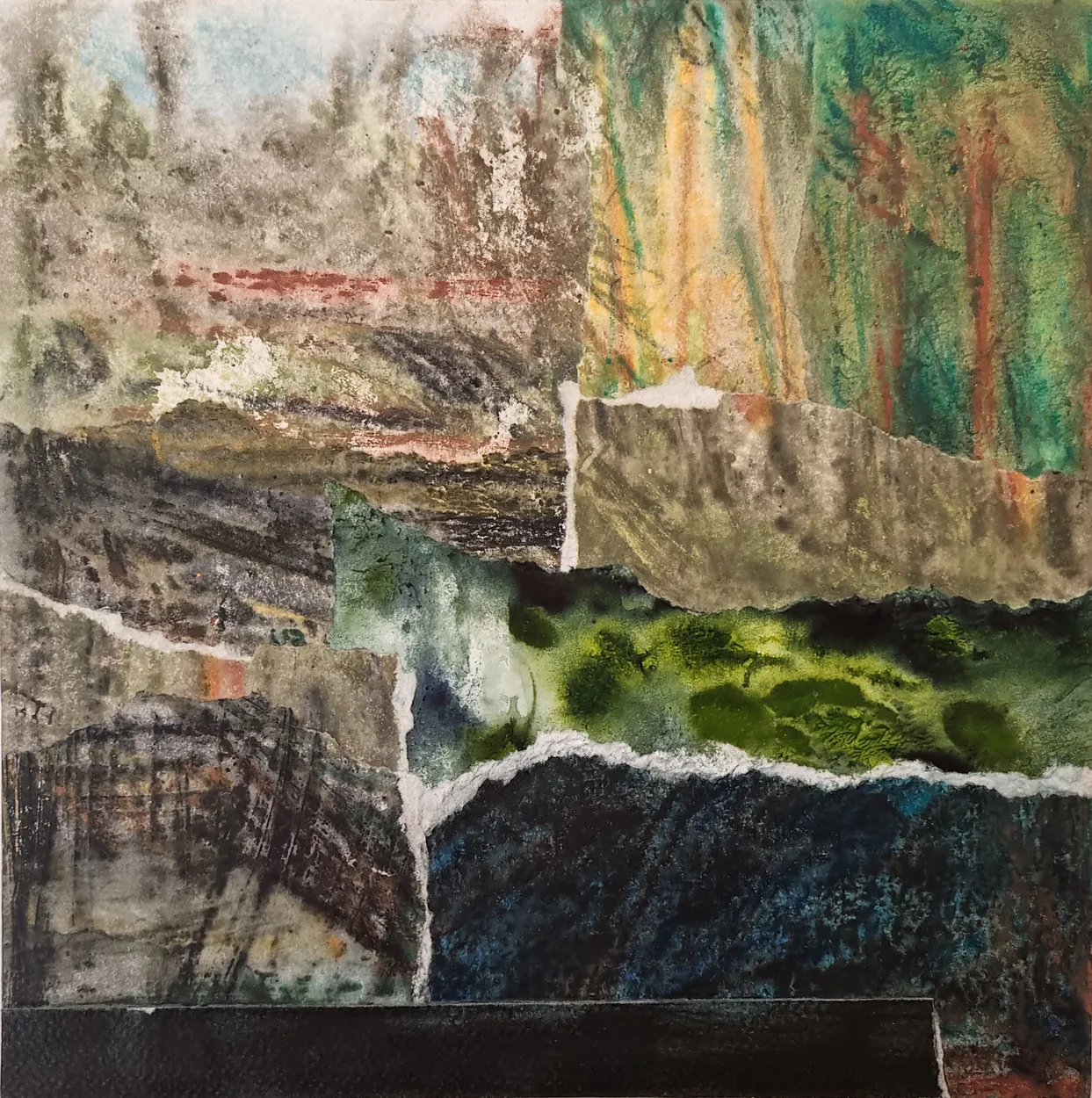 'This is my place' 2022 watercolour and charcoal on paper, collage on board. finished with wax medium 300 x 300mm