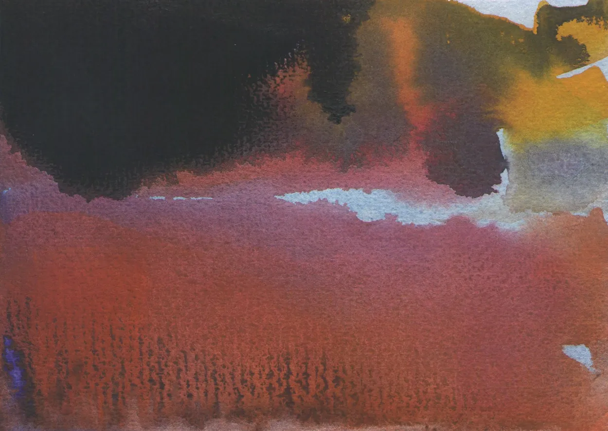 'The red light from the windows' watercolour & charcoal on paper 105x145mm.