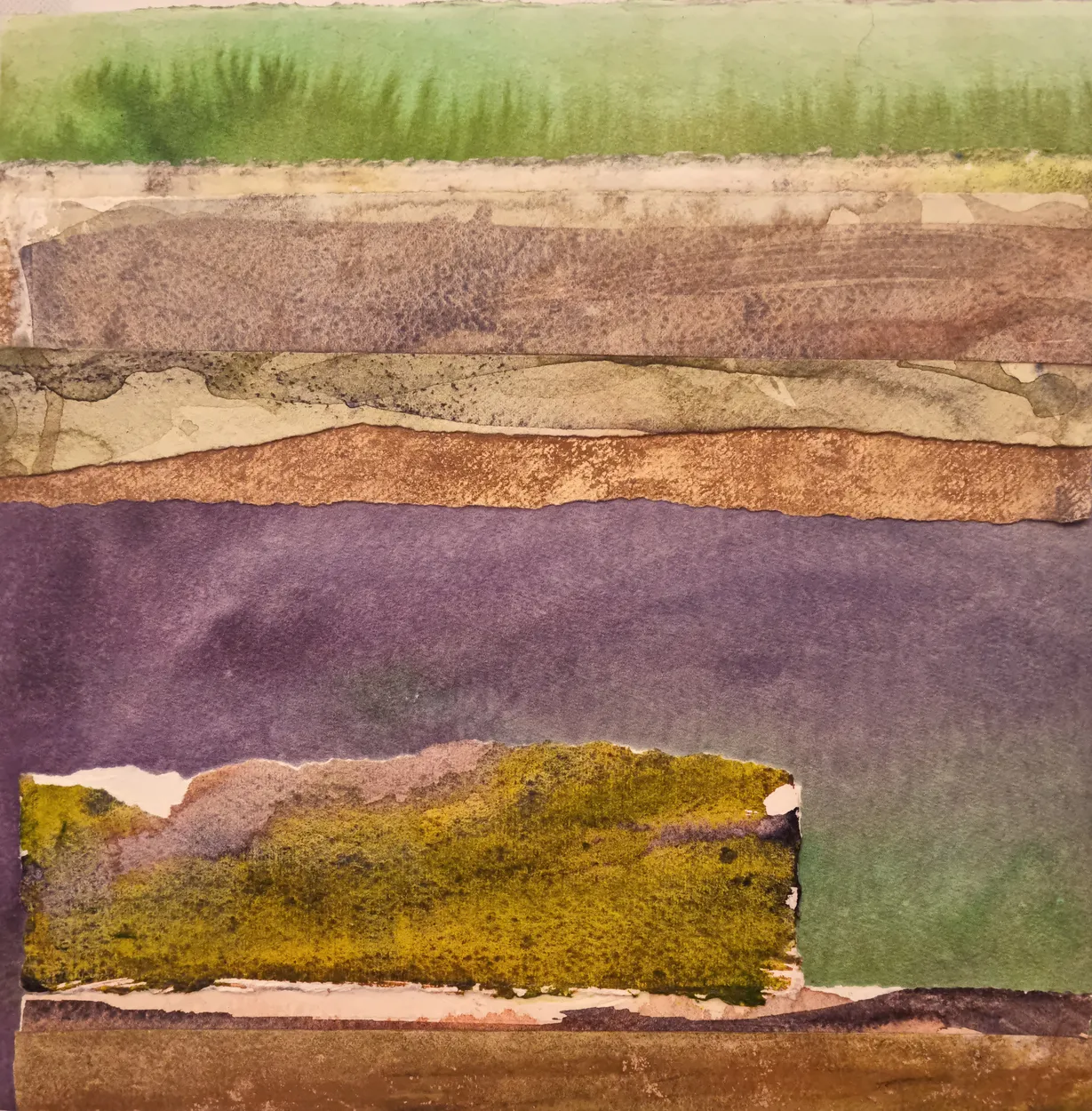 'Piako V' watercolour on paper, collage on panel, wax medium finish 300 x 300mm