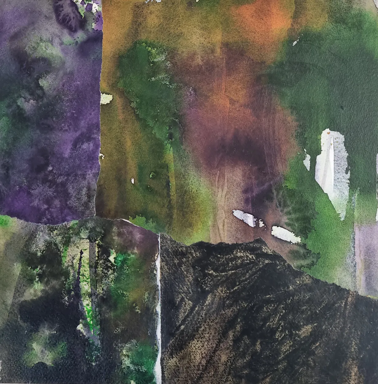 'Listening-post (Ōrongo)' 2022 water colour and charcoal on paper, collage on board. finished with wax medium 300 x 300mm