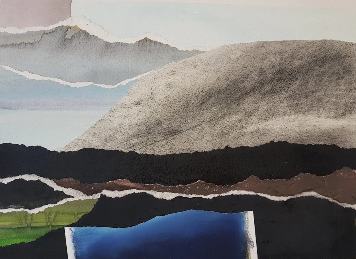 'The world's gone cold' 2018 watercolour and charcoal, collage on board 290x400mm