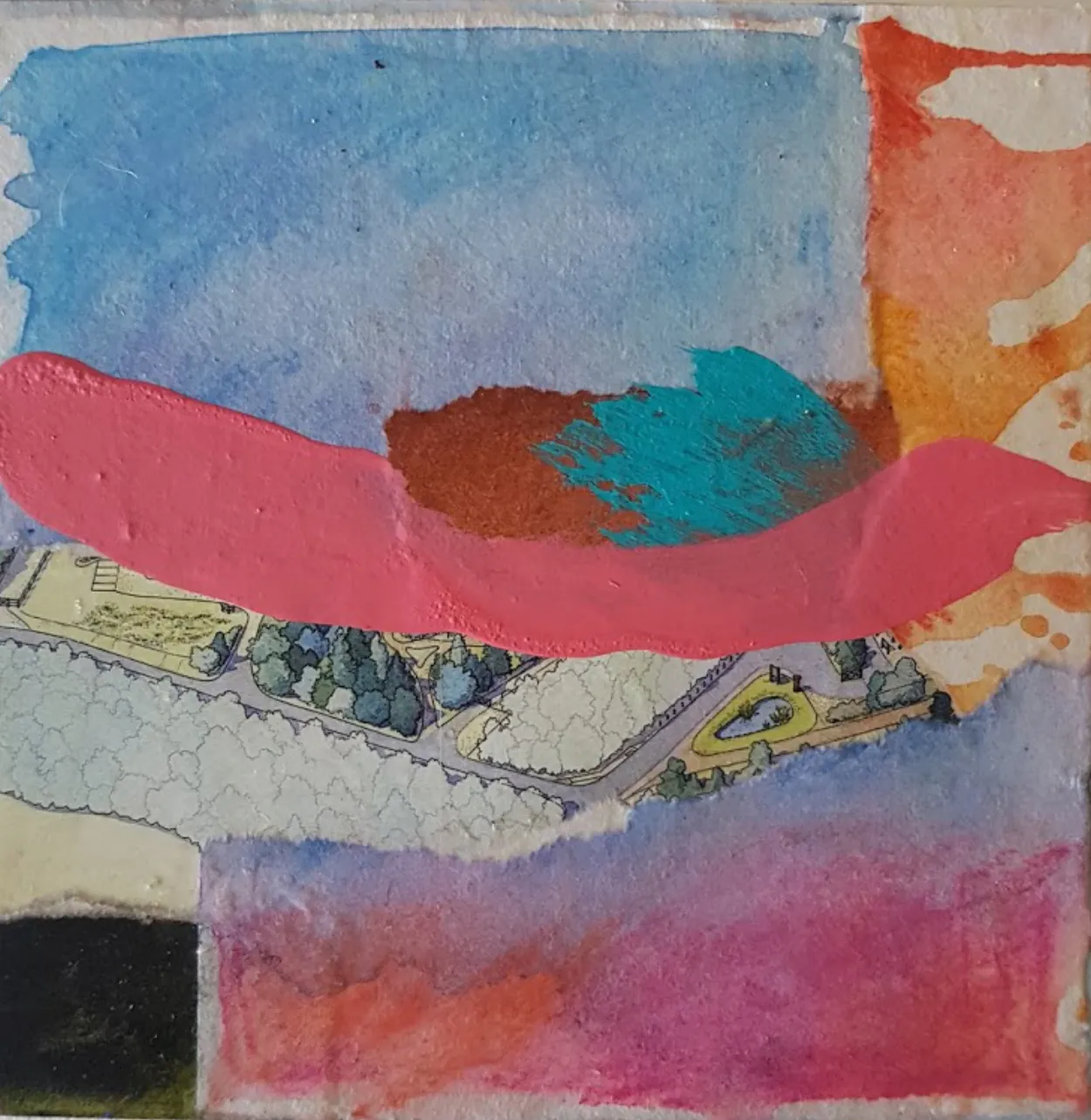 'Landscape plotted and pierced' watercolour on paper, collage and acrylic on board 200x200mm SOLD
