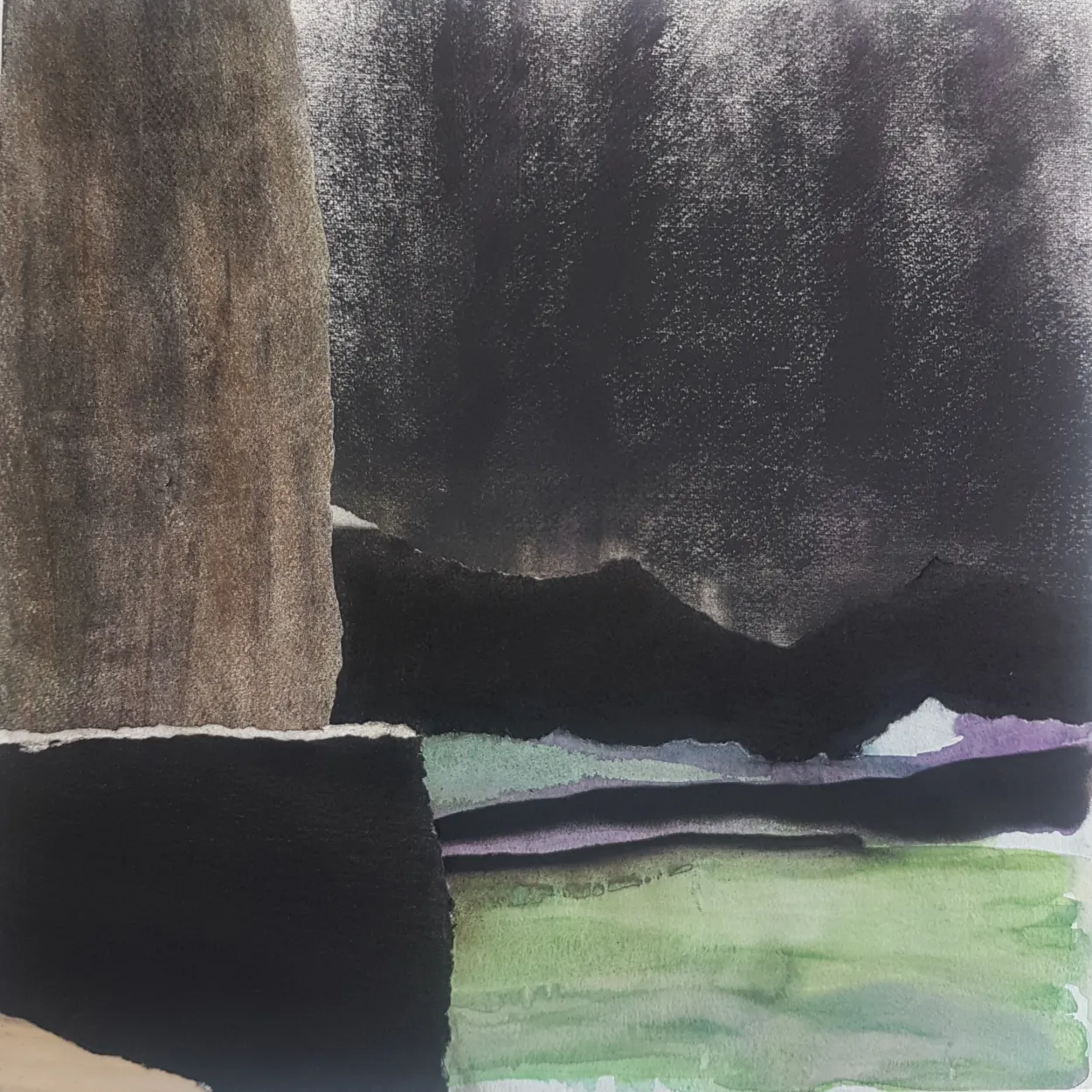 'Beauty of the earth' watercolour, charcoal, pastel on paper; collage on panel 400x400mm