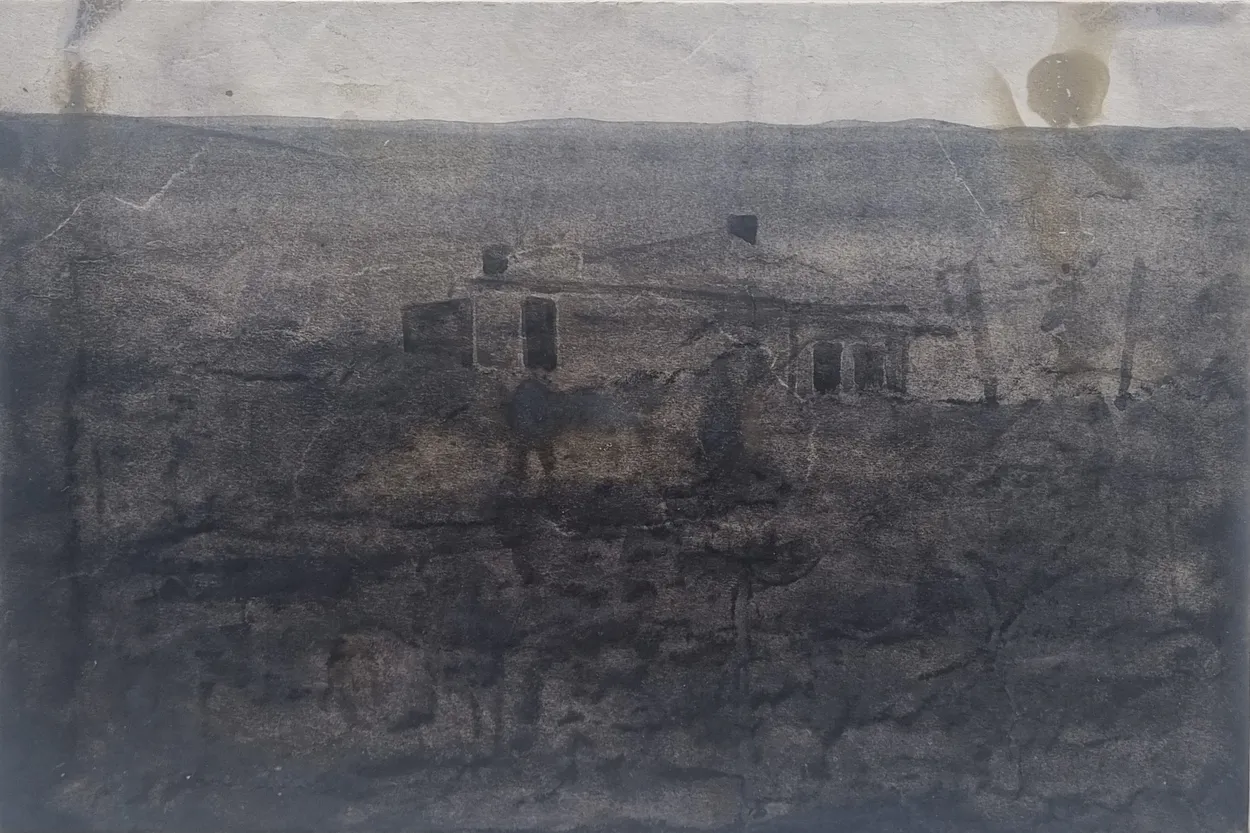 'The original Dalgety Homestead' 2025 watercolour and river mud on paper, mounted on board with wax medium finish