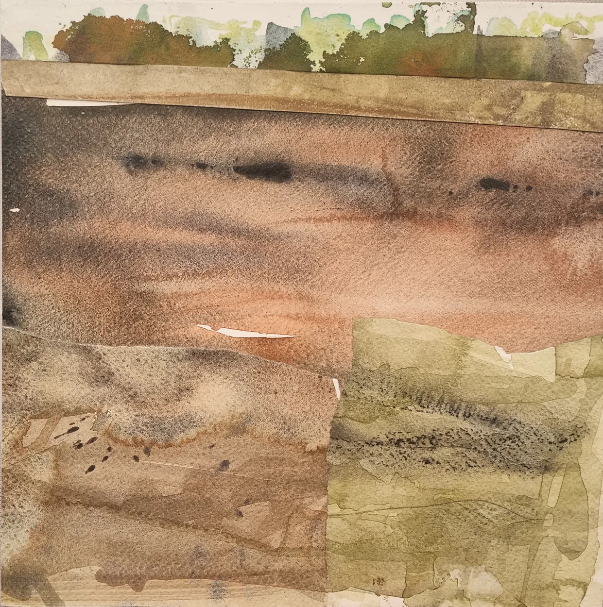 'Piako IV' watercolour on paper, collage on panel, wax medium finish 300 x 300mm