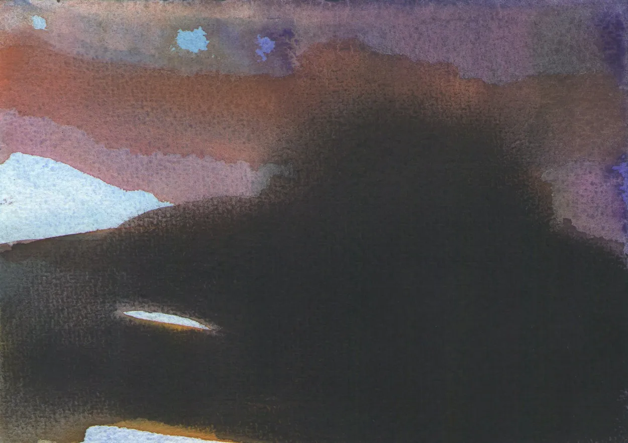 'Night is the time for the morepork' watercolour & charcoal on paper 105x145mm.