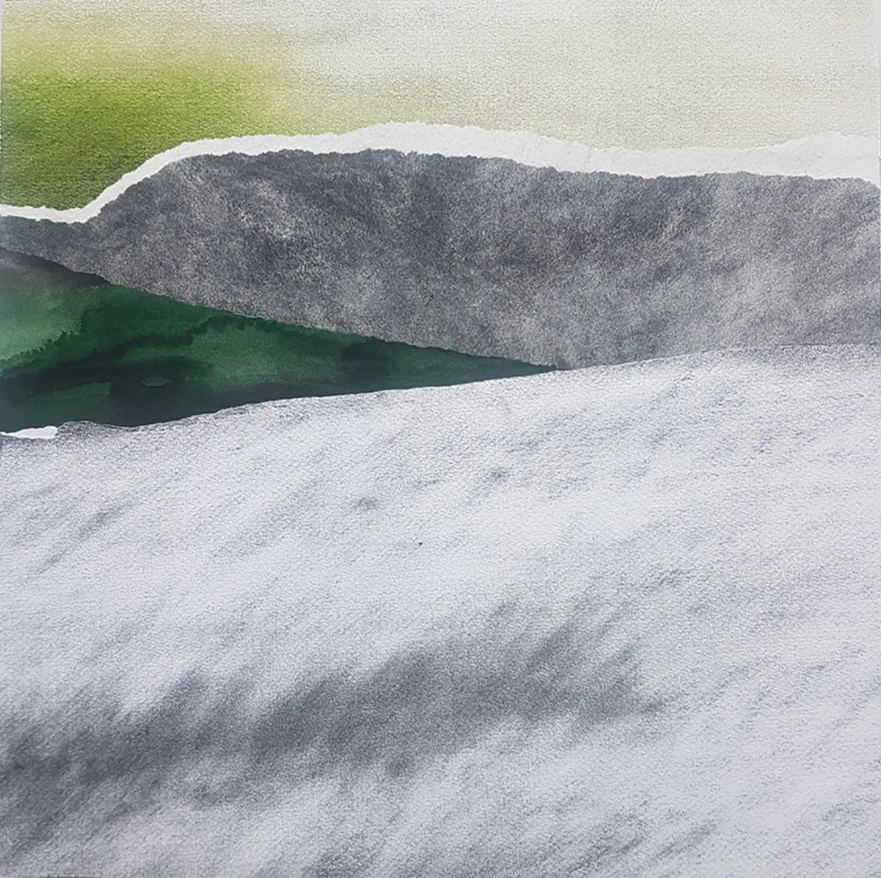 'Time to be slow' watercolour, charcoal, pastel on paper; collage on panel 400x400mm