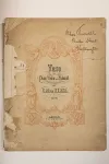 A booklet of sheet music showing signs of age and wear and tear, on the cover is a classically influenced illustration around the title of the piece of music and a handwritten name and address
