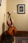 A cello on a stand in the corner of a room, on the wall above right is a framed black and white portrait of a woman holding a cello