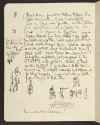 A page in a notebook with handwriting and stick figure drawings of musicians with instruments