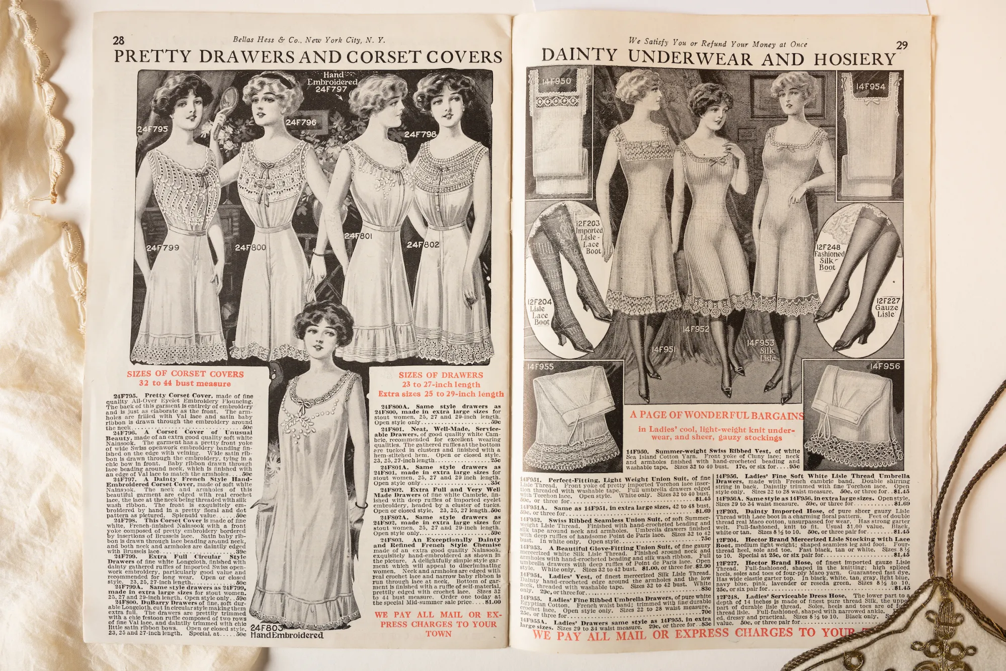 Open pages of a magazine with black and white illustrations of women modelling drawers, corset covers, underwear and hosiery