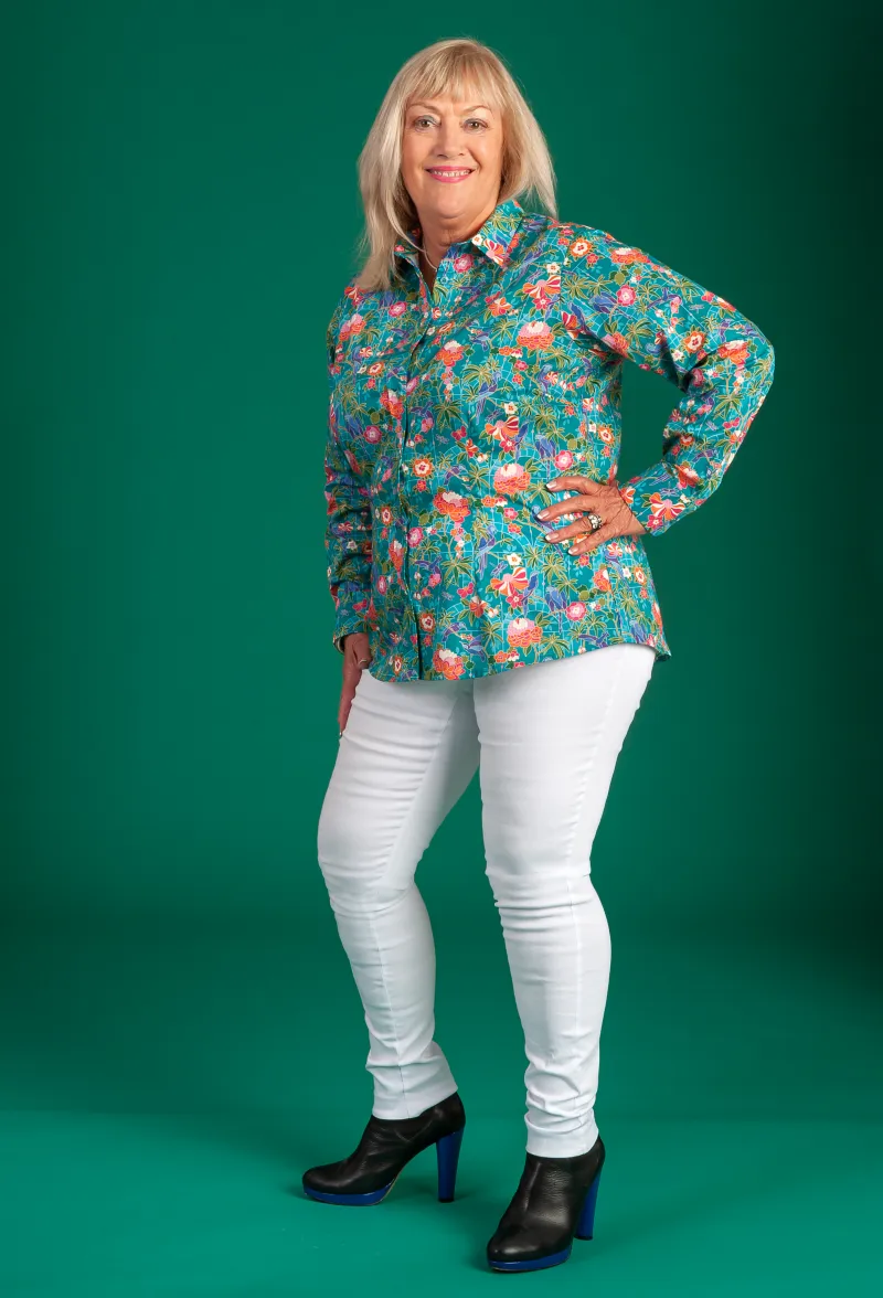 Nicky looking fab in the Liberty 'Birds of Paradise' shirt.