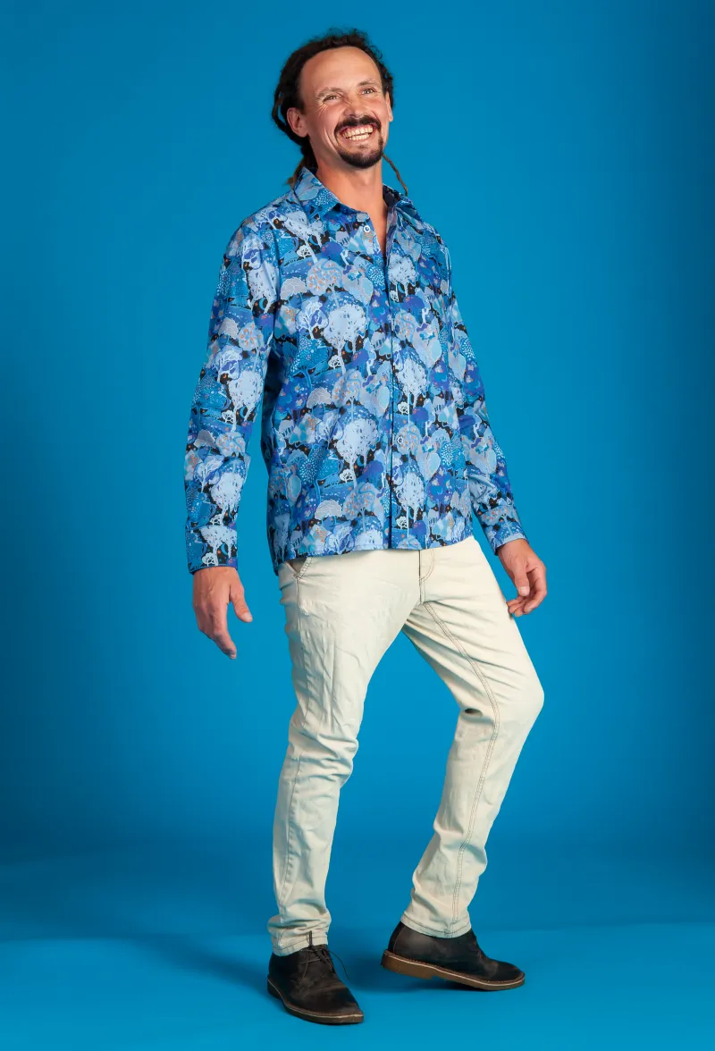 Nick ready for a night on the town wearing 'Indigo Forest'. A Liberty Tana Lawn Long Sleeve Shirt.