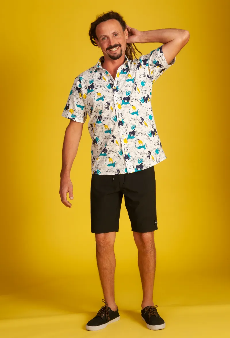 Nick  in our 'Jungle Party' 100% cotton Short Sleeve Shirt