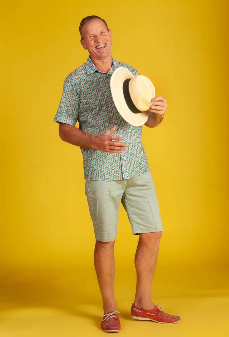 Otto enjoying the silk like feel of our Liberty Tana Lawn 100% cotton Short Sleeve Shirt 'Aztec Sun'