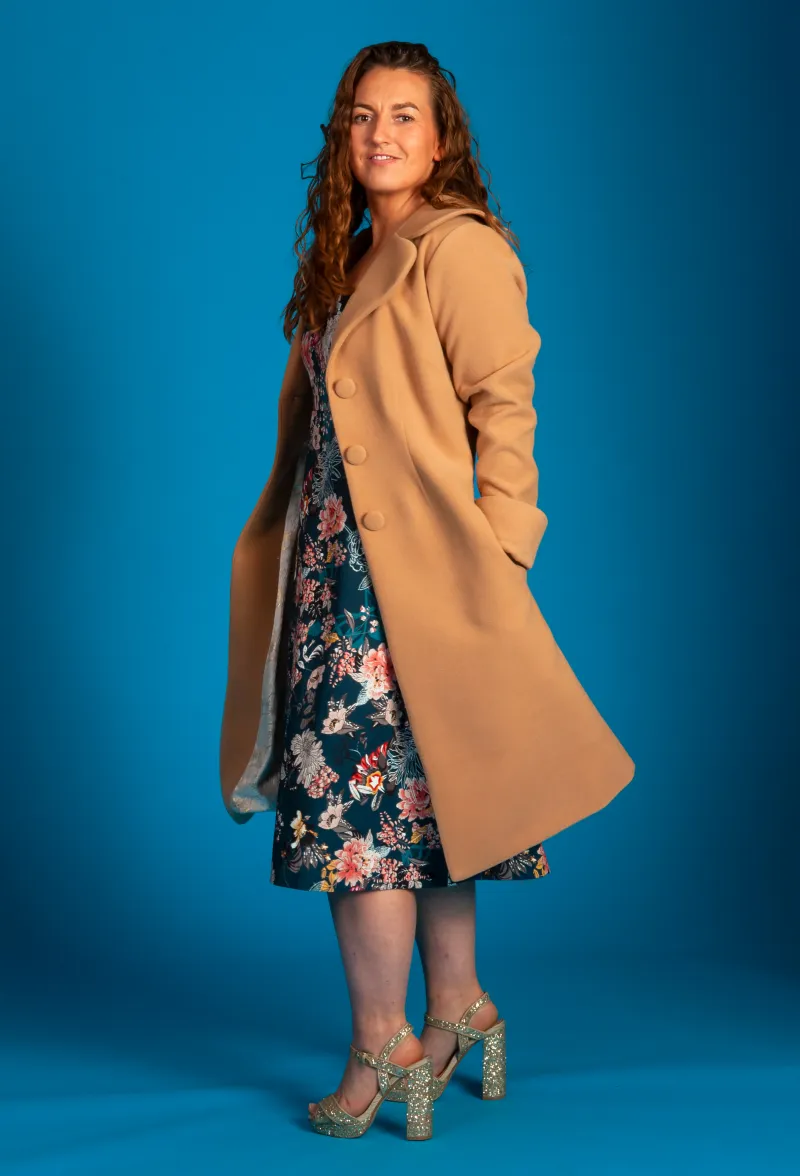 Le Akaroa Coat 'Latte' over our Blue Lagoon 'Flora dress.