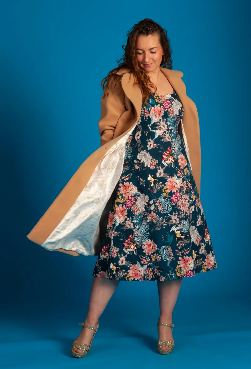 Le Akaroa Coat 'Latte' over our Blue Lagoon 'Flora dress.