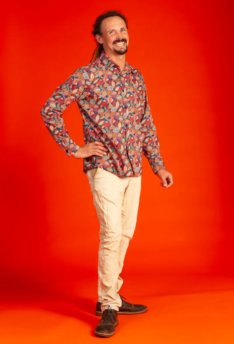 Nick embracing his Inner Peacock in Liberty Long Sleeve Shirt 'Autumn Winds'