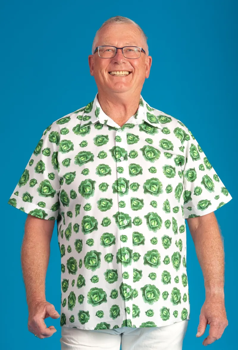 Andy wearing Short Sleeve Shirt 'The Cabbage'.