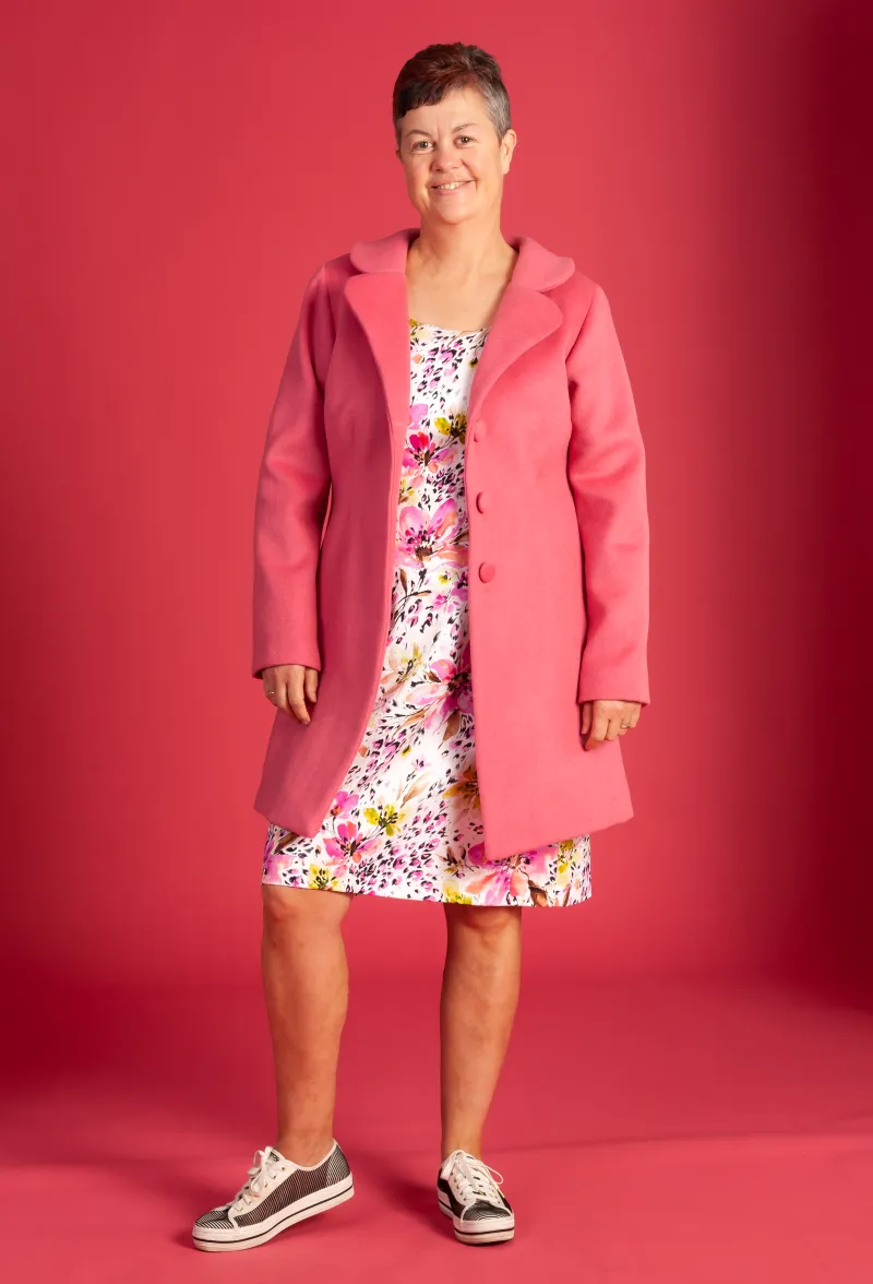 Day Tripper 'Rose Berry' coat over our Garden Dress 'Pasifika Pink'.