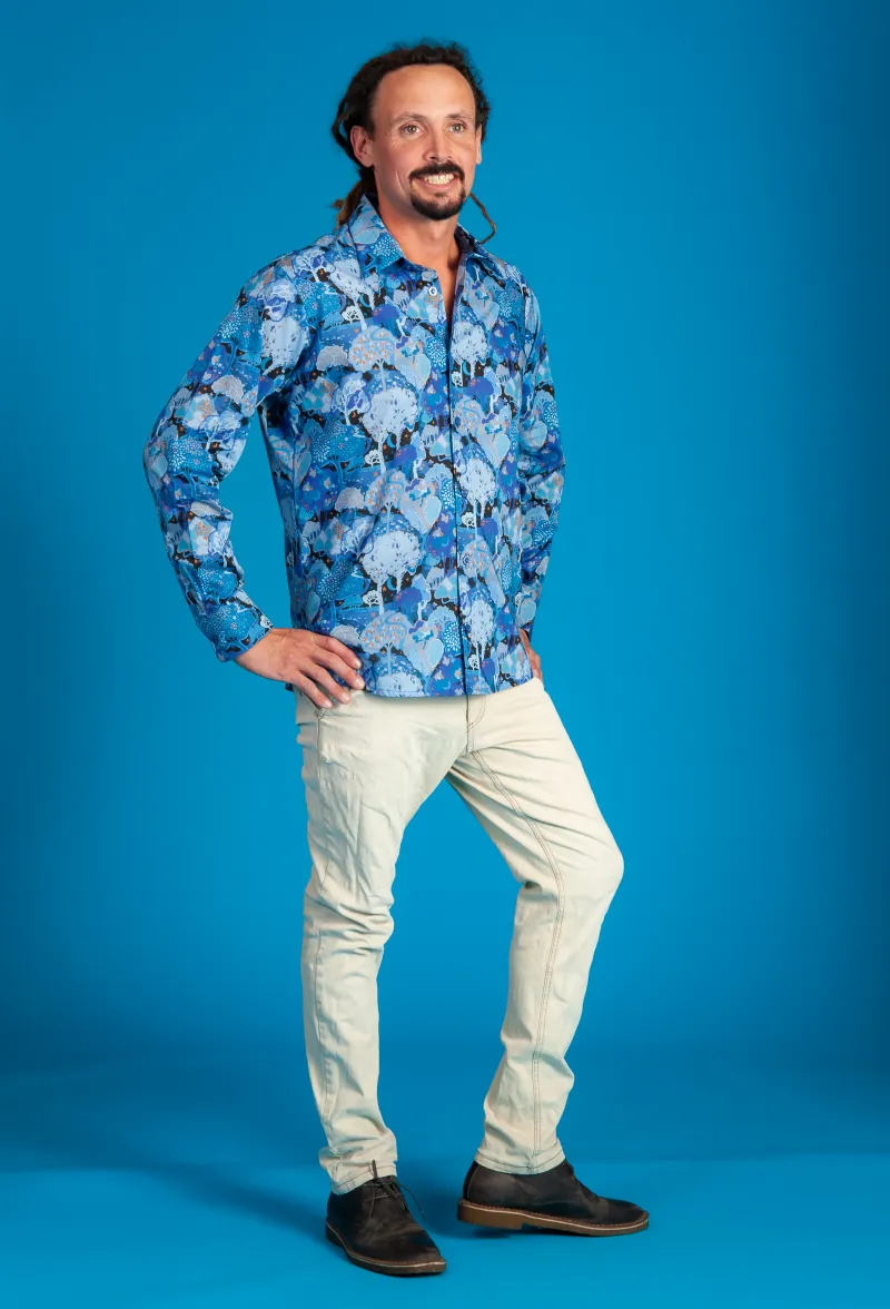 Nick ready for a night on the town wearing 'Indigo Forest'. A Liberty Tana Lawn Long Sleeve Shirt.