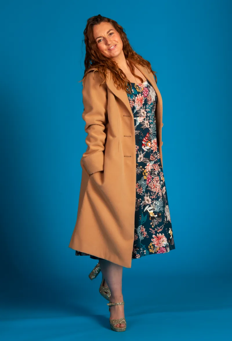 Le Akaroa Coat 'Latte' over our Blue Lagoon 'Flora dress.