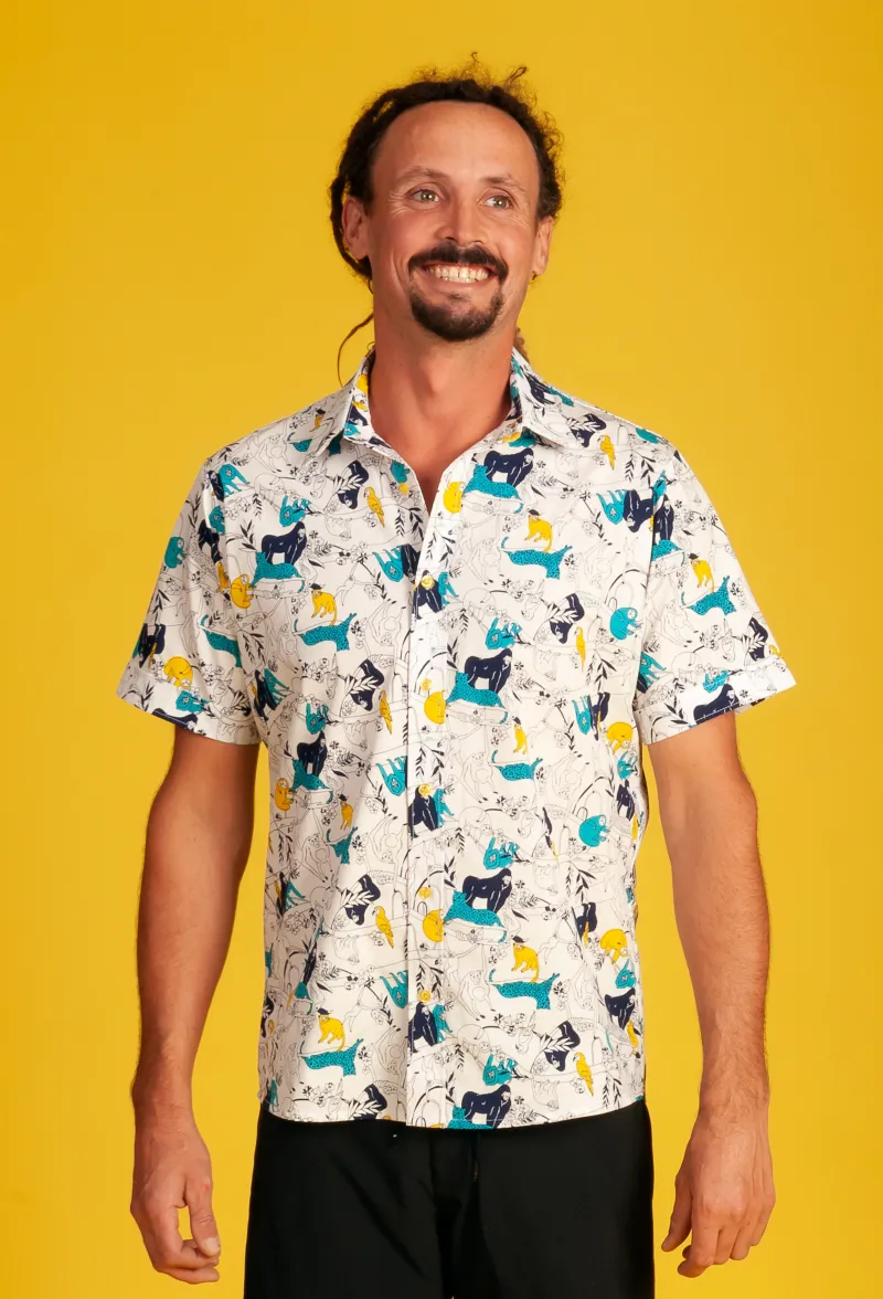 Nick in our 'Jungle Party' 100% cotton Short Sleeve Shirt